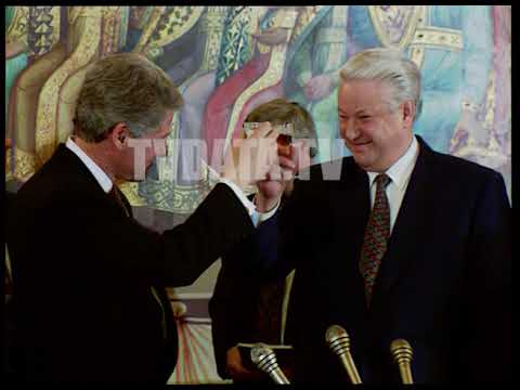 Yeltsin drinking Vodka with US President Clinton 1995, Russia celebrates 50th.Kremlin footage BL62