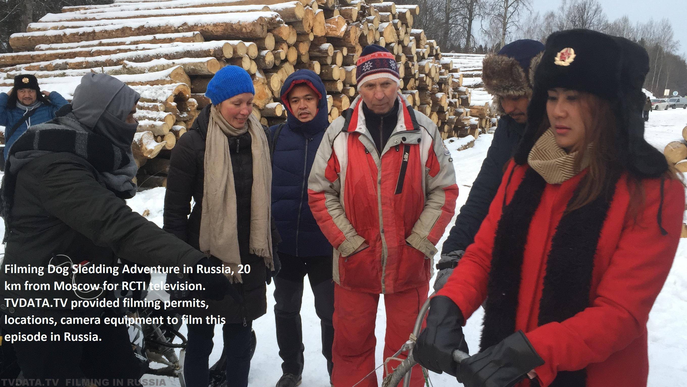 Filming Dog Sledding Adventure in Russia, 20 km from Moscow for RCTI television. TVDATA.TV provided filming permits, locations, camera equipment to film this episode in Russia.