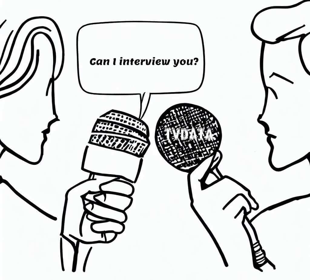 One person is holding a microphone. This person has a speech bubble that reads: "Can I interview you?"