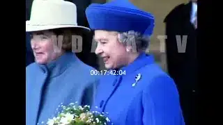 Moscow, Russia: Queen Elizabeth II shares a light moment with President Boris Yeltsin on the Kremlin steps during her historic state visit Moscow, Russia: Queen Elizabeth II shares a light moment with President Boris Yeltsin on the Kremlin steps during her historic state visit