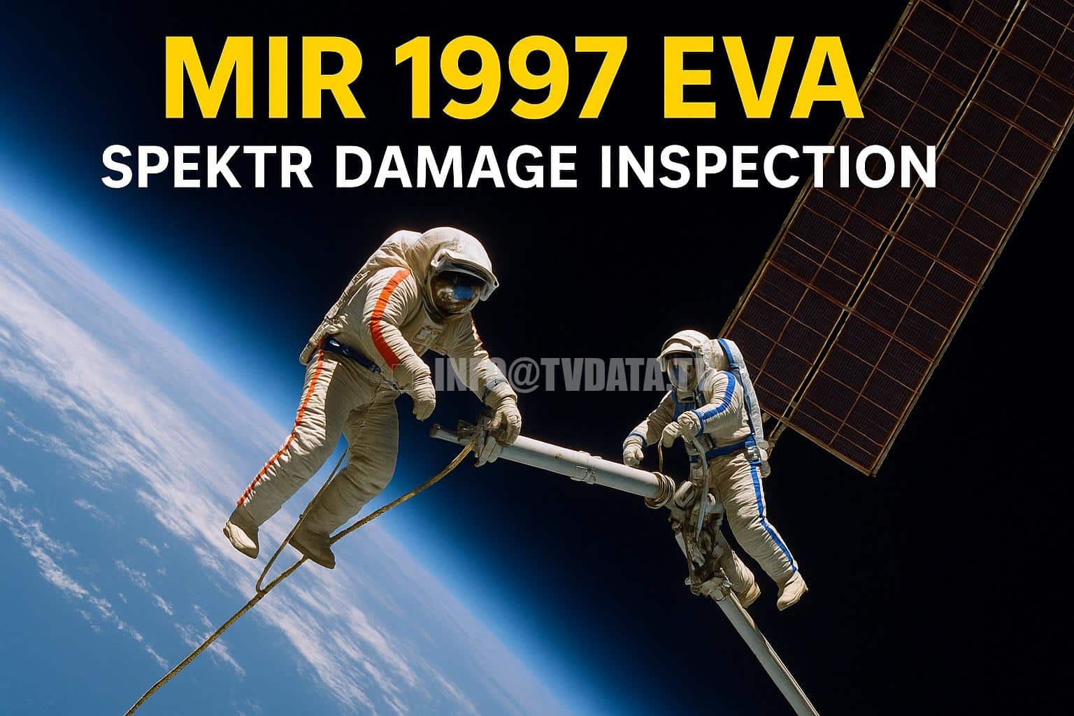 6 SEPT 1997 Mir EO-24 EVA 2: Solovyev & NASA flight engineer Michael Foale Inspect Spektr Damage