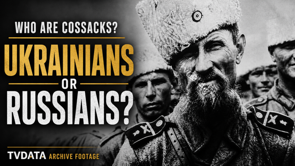 Black-and-white historical stock footage showing Cossack figures, military dress, traditional identity and archival scenes connected with the wider history of Cossack communities between 1917 and 1945.