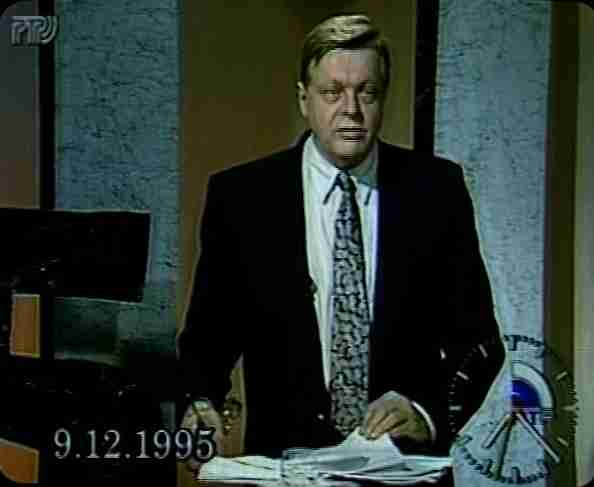 Television news presenter on a Russian broadcast dated 9 December 1995, archive footage from the 1995 election campaign