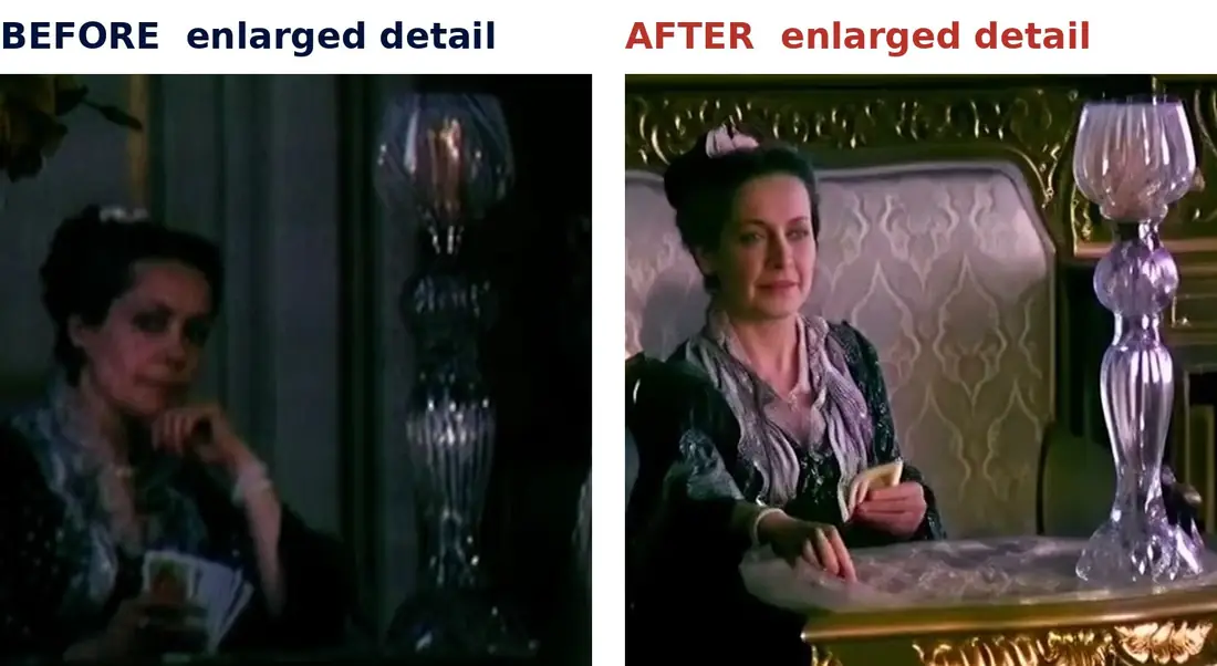 Before and after professional AI video upscaling: enlarged detail of the same scene, the original PAL tape frame on the left and the 4K master on the right