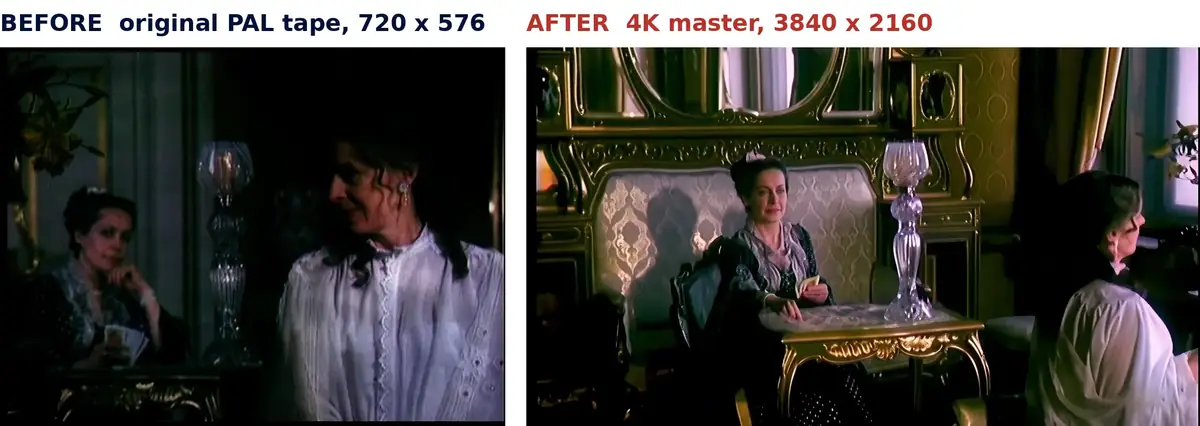 Before and after professional AI video upscaling: full frame of the same archive scene, the original PAL tape on the left and the 4K master on the right